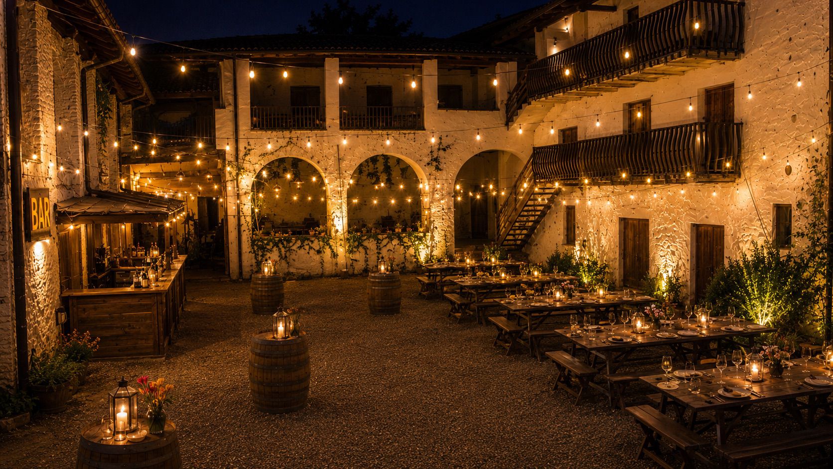 La corte della Tenuta Ronco Grande illuminata per la Festa di fine estate